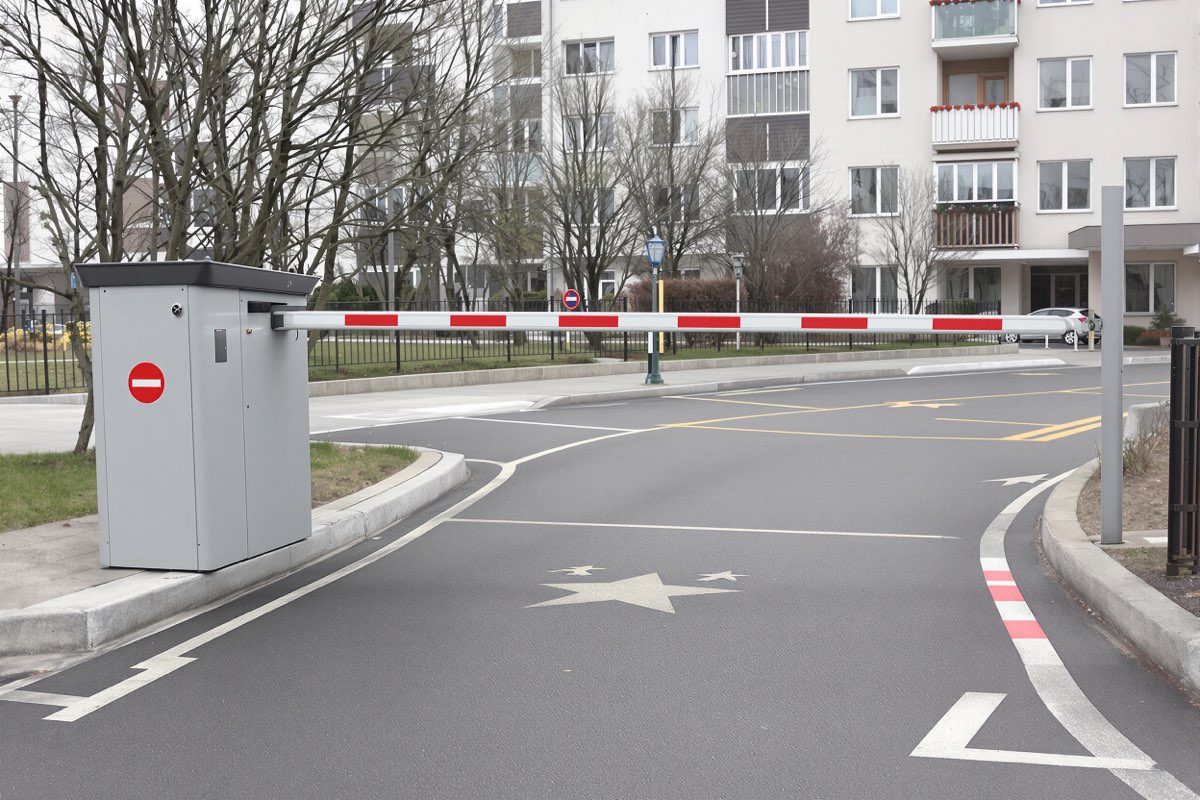 Автоматический шлагбаум на въезде во двор жилого дома в Санкт-Петербурге